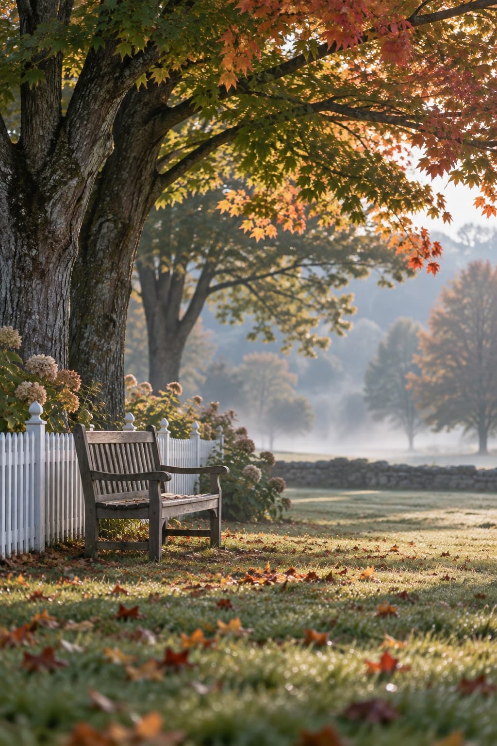 A bench beneath autumn maples on a quiet New England town green