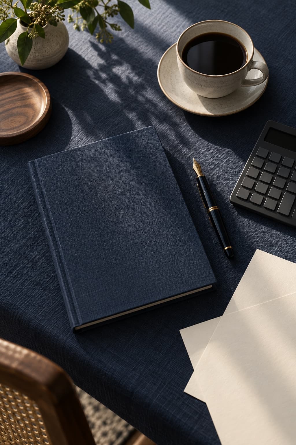 A notebook, fountain pen, calculator and coffee on a navy linen desk