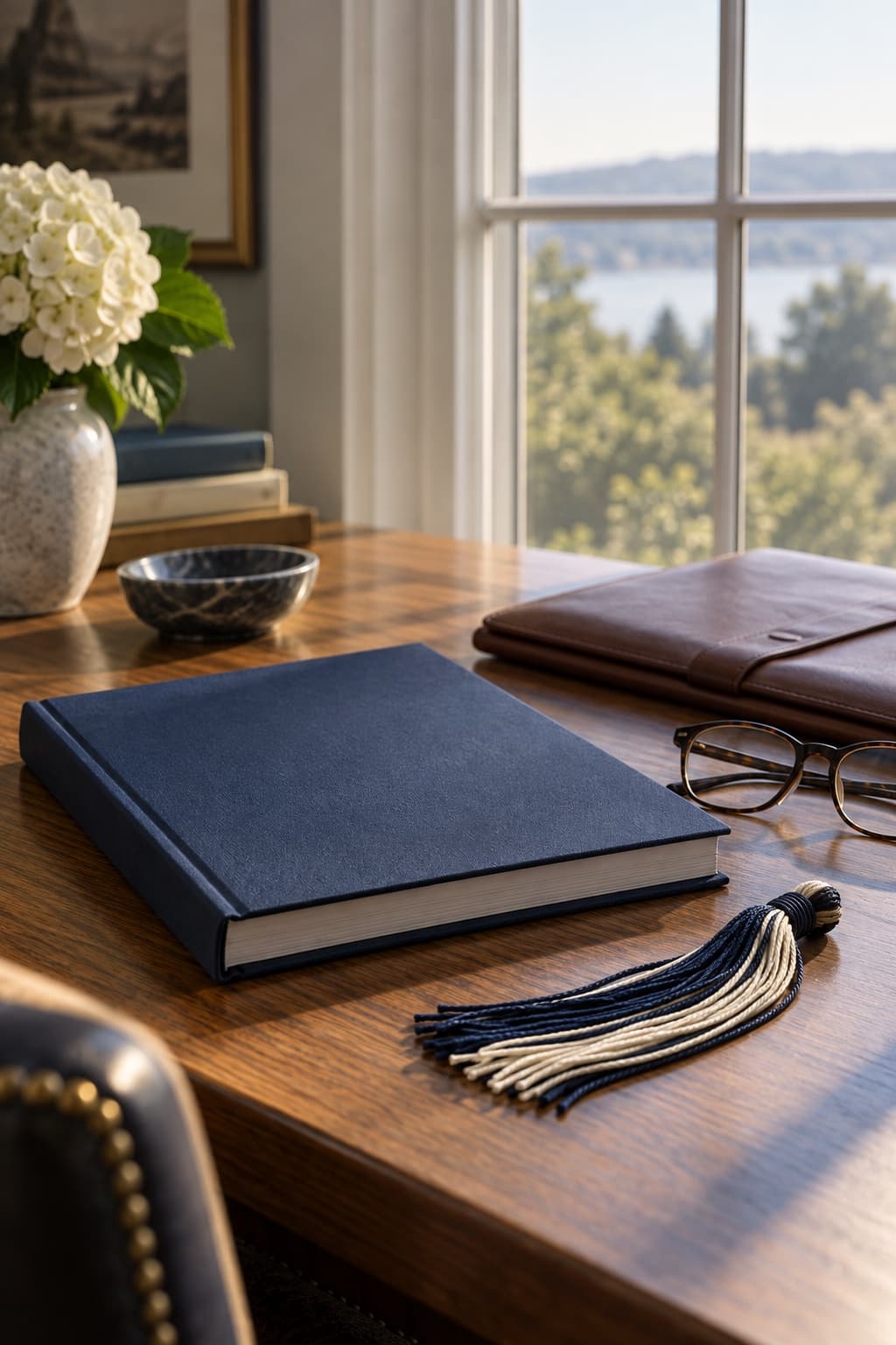 A navy clothbound book, a graduation tassel and reading glasses on a wooden desk by a window